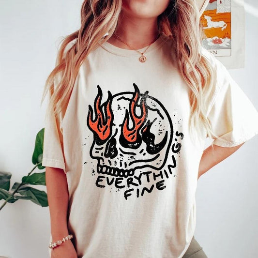 Everything is Fine Skeleton Oversized Vintage T-shirt, Funny Skeleton Shirt, It's fine I'm fine Everything is fine Top Womenswear