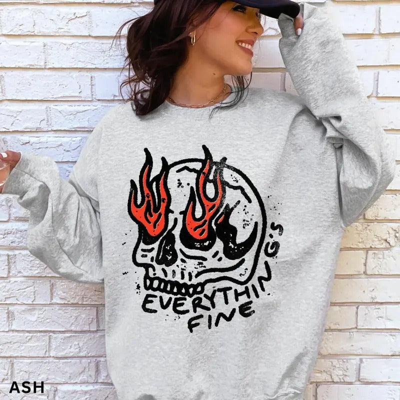Everything is Fine Vintage Skull Sweatshirt, Retro Graphic Trendy Tee, Grunge Everything Fine Sweatshirt, Everythings Fine Shirt Skull