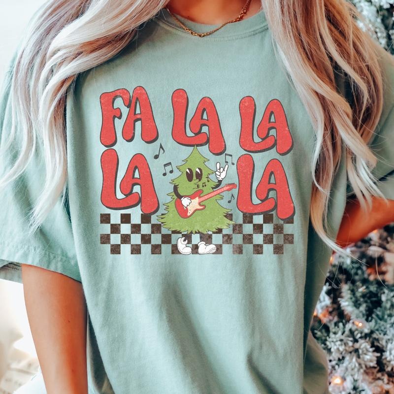 FA LA LA LA CHECKERED T-SHIRT (COMFORT COLORS T-SHIRT, CASUAL SHIRT UNISEX, CHRISTMAS CLOTHING, GRAPHIC APPAREL, HOLIDAY SHIRT) Cotton Fabric