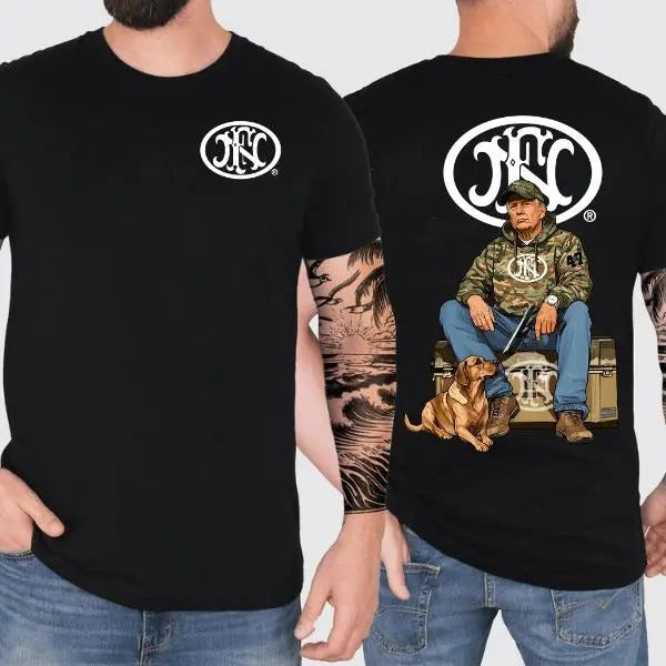 FN America Trump Hunting 2 Sided TShirt, Gun Lover, Tactical Gear, Unisex Short Sleeve Casual Cotton, Casual Top Menswear, Gift for Men Women