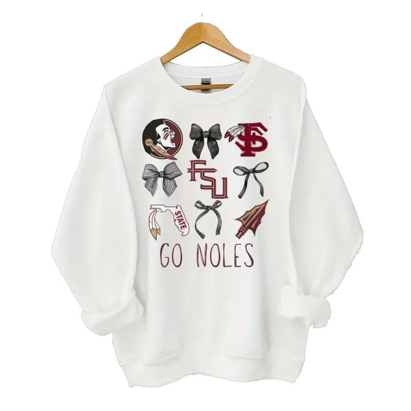 FSU Seminoles Football Sweatshirt, White, Round Neck, Long Sleeve, Crewneck, Casual Sport Tee, Classic Cotton Blend