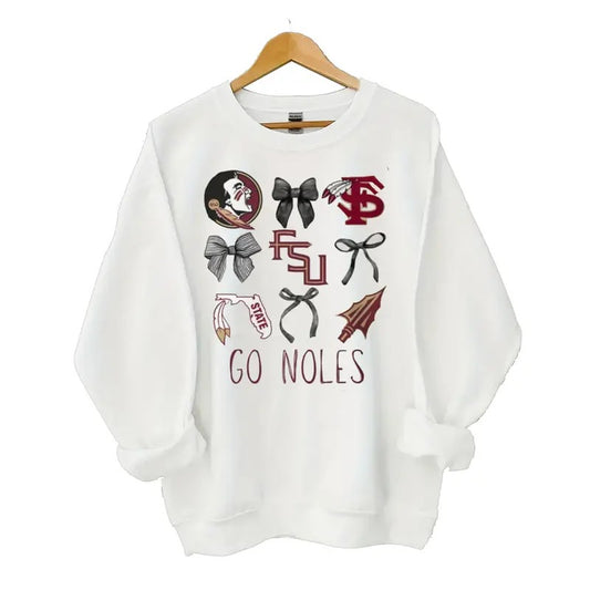 FSU Seminoles Football Sweatshirt, White, Round Neck, Long Sleeve, Crewneck, Casual Sport Tee, Classic Cotton Blend