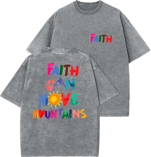 Faith Can Move Mountains Unisex Washed T-Shirt, Christian Tshirts, Vintage 90s Graphic Tee, Gift Top Womenswear Cotton Mineral Color