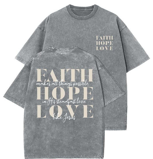 Faith Hope Love Unisex Washed T-Shirt, Christian Tshirts, Vintage 90s Graphic Tee, Gift Top Womenswear Cotton Mineral Color