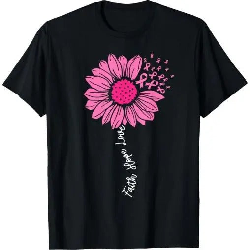 Faith Love Hope Pink Ribbon Sunflower Breast Cancer Warrior T-Shirt Made in USA