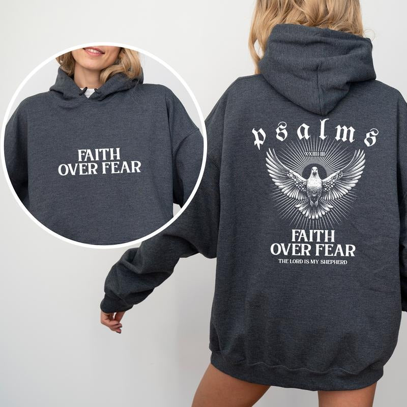 Faith Over Fear 2-Sided Hoodie, Christian Hoodies for Women, Bible Verse Hooded Sweatshirt, Faith Based Women's Tops, Jesus Apparel, Religious Gift Ideas for Girls, Comfort Long Sleeve Womenswear