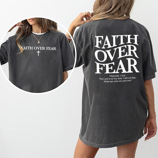 Faith Over Fear Shirt, Christian Tee, Jesus Double Sided Graphic Printed Short Sleeve Tee Shirt, Unisex Cotton Fabric Comforts Shirts, Women's Tops, Womenswear, Menswear, Cotton Fabric Relaxed Fit Chic Style
