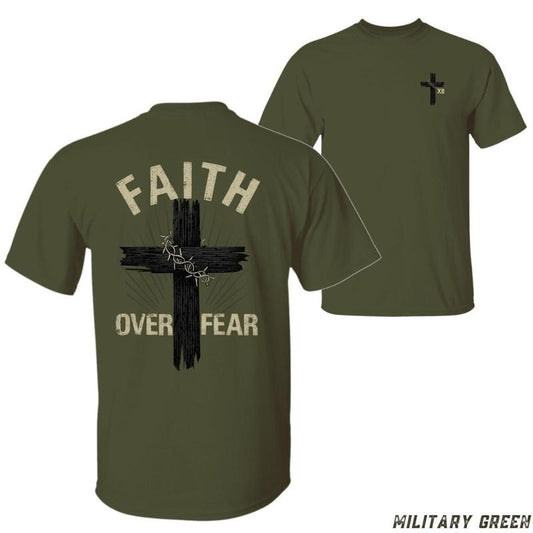 Faith Over Fear T-shirt - Inspirational Christian Design With Bold Cross Graphic Unisex Casual Crew Neck 100% Cotton Available In Multiple Colors - Tops Menswear