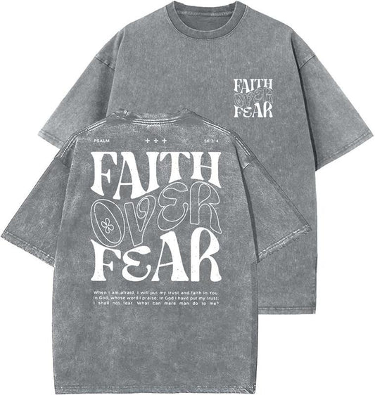 Faith Over Fear Unisex Washed T-Shirt, Christian Tshirts, Vintage 90s Graphic Tee, Gift Top Womenswear Cotton Mineral Color