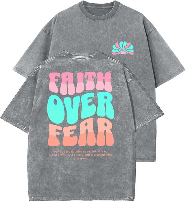 Faith Over Fear Unisex Washed T-Shirt, Christian t shirts, Vintage 90s Graphic Tee, Gift Top Womenswear Cottonstyle{n002}6