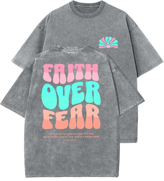 Faith Over Fear Unisex Washed T-Shirt, Christian t shirts, Vintage 90s Graphic Tee, Gift Top Womenswear Cottonstyle{n002}6