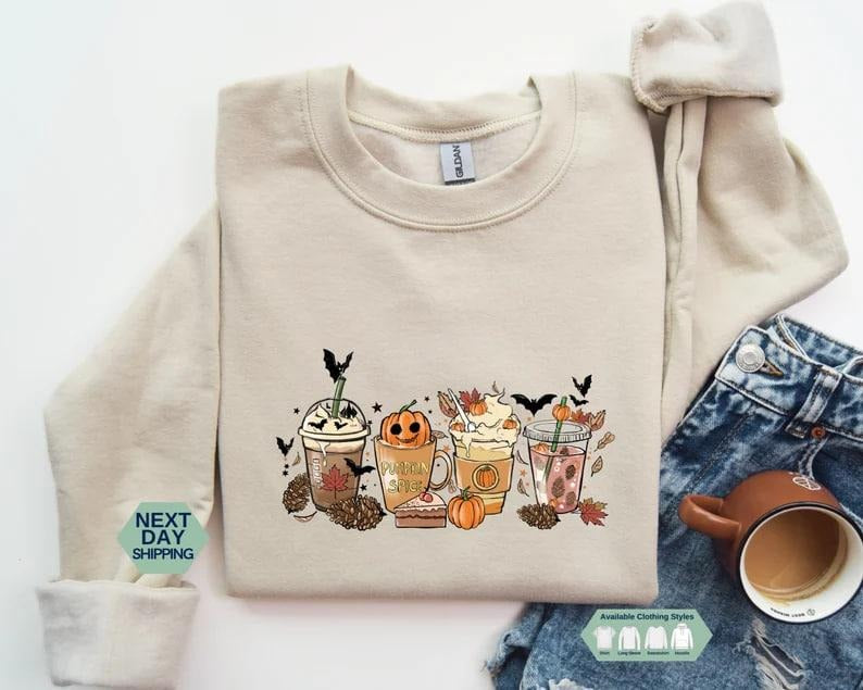 Fall Coffee Pumpkin Shirt, Coffee Halloween Shirt, Coffee Latte Sweatshirt, Fall Shirt, Retro Halloween Shirt, Pumpkin Shirt, Gift For Her