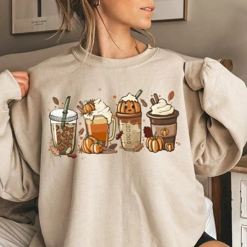 Fall Coffee Sweatshirt, Pumpkin Spice Shirt, Cute Fall Sweatshirt, Coffee Lover Shirt, Halloween Pumpkin Latte Drink Cup Shirt, Autumn Fall Halloween Thanksgiving Shirt