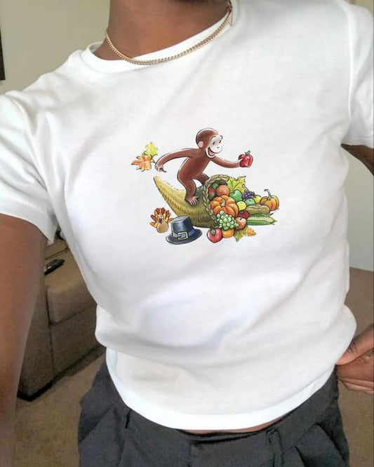 Fall Curious George Baby Tee, Thanksgiving Fruits Vintage Baby Tee, George Monkey Autumn Baby Tee,  Cartoon Curious George T-Shirt, Aesthetic Baby Tee