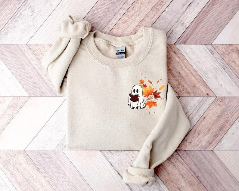 Fall Ghost Book Sweatshirt, Ghost Reading Book Under Fall Leaves, Spooky Season Pullover, Ghost Shirt, Ghost read more book, Thanksgiving sweater
