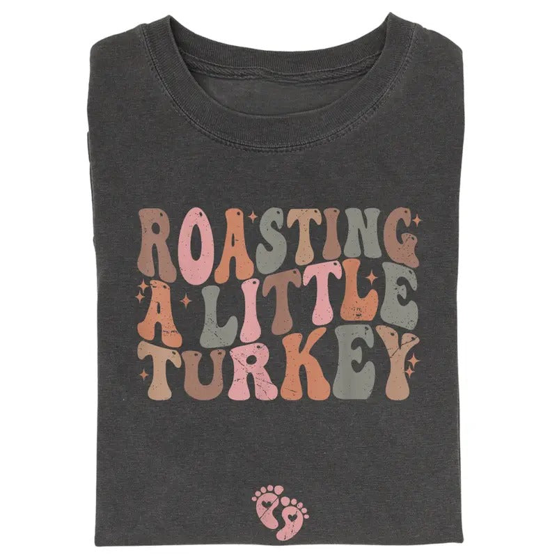 Vintage Roasting A Little Turkey Graphic Tee - Funny Pregnancy Reveal Shirt for Women - Autumn/Fall Season - ThanksGiving Gifts - Pumpkin Season