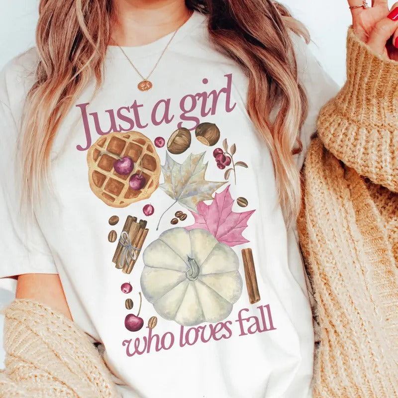 Fall Tee Just A Girl Who Love Fall Pink Tshirt Girly Pink Fall T-Shirt Pink Fall Collage Top Womens Fall Pumpkin Tees Just a Girl Tees