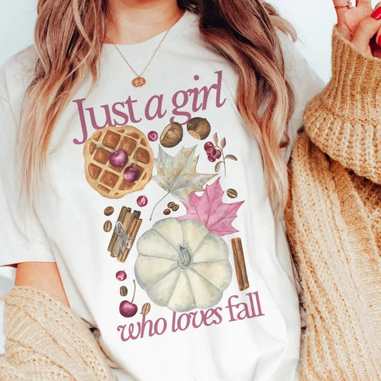 Fall Tee Just A Girl Who Love Fall Pink Tshirt Girly Pink Fall T-Shirt Pink Fall Collage Top Womens Fall Pumpkin Tees Just a Girl Tees