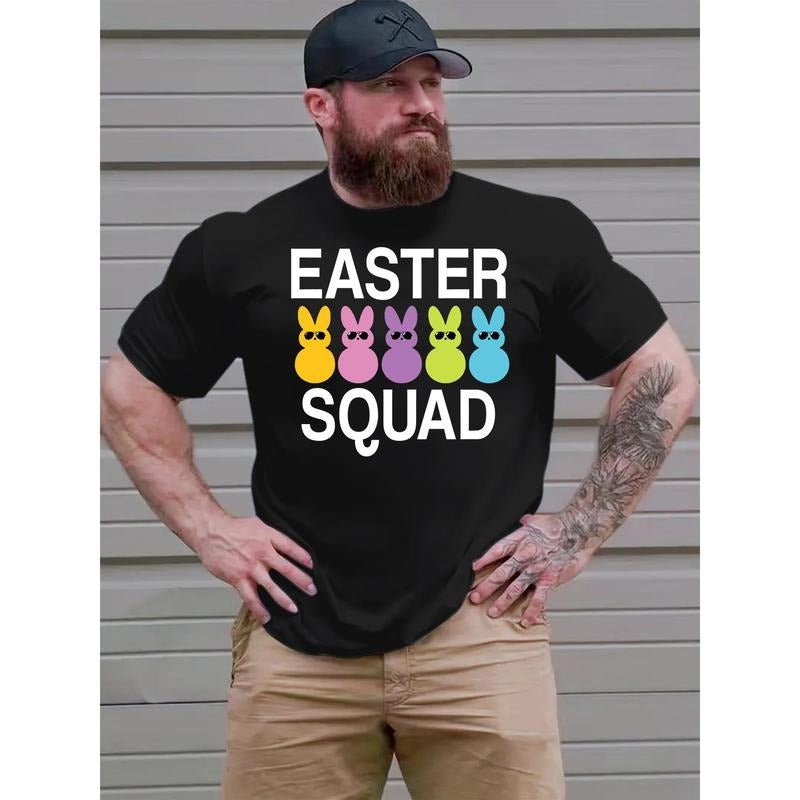 Men's Plus Size Casual Stretch T-Shirt with "Easter Squad" Graphic - Crew Neck, Short Sleeve, Polyester Spandex Blend, Ideal for Spring/Summer/Fall, PLUS SIZE made in usa