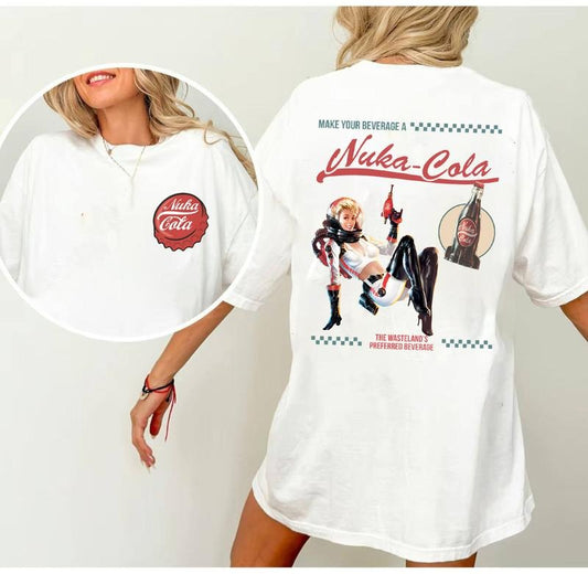 Fallout Graphic T-Shirt, Retro Nuka Cola Bottle Cap with Vintage Ad on Back, Video Game Shirt, Fall Out Vault Tec Memorabilia Merch Tee