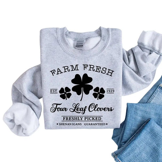 Farm Fresh Four Leaf Clovers Sweatshirt, St Patricks Day Sweater, Shamrock Tee, Saint Patrick's Day, St Patrick's Day Patty's Day Sweatshirt, Gift For Her Him, Gifts Ideas For St Patrick's Day Sweater, Long Sleeve Tee Crewneck Classic Menswear