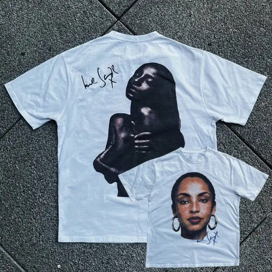 Fashion Basics Sade Adu Print Short Sleeve T-Shirt, Double Sided Prints Vintage Bootleg T-Shirt, Rap, Hip Hop, R&B, Unisex T-Shirt, Y2k, Gift For Men Women Menswear Top Streetwear