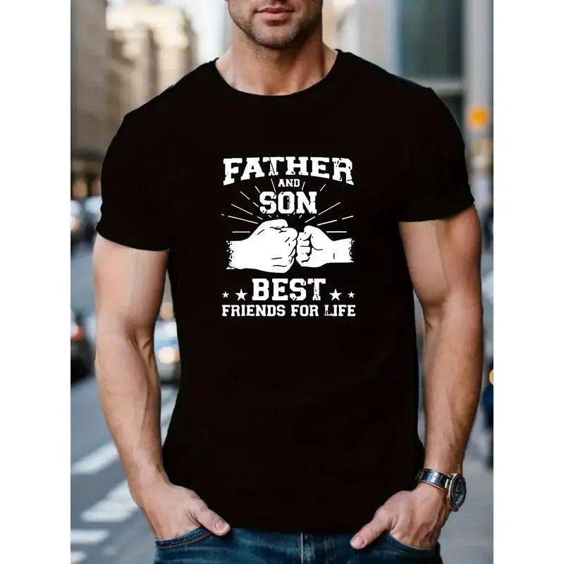 Father and Son Best Friends For Life Graphic T-Shirt, Casual Crew Neck Tee, Regular Fit Knit Fabric Top with Slight Stretch, Alphabet Pattern - Men's Casual Style Short Sleeve MADE IN USA