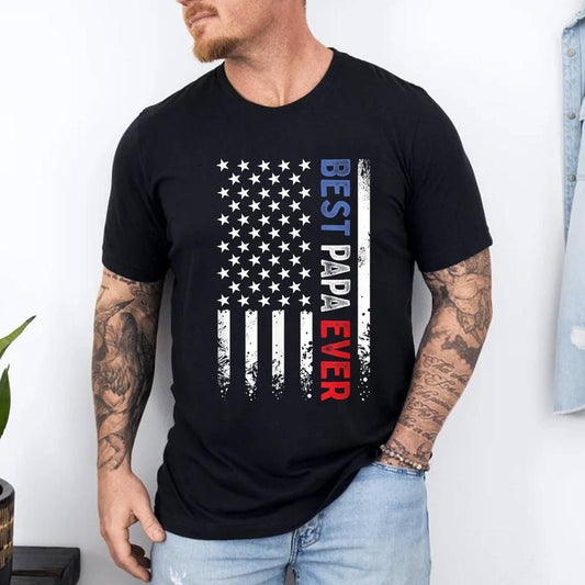 Father's Day Best Papa Ever with US American Flag T-Shirt | 100% Cotton Tee, Top Menswear