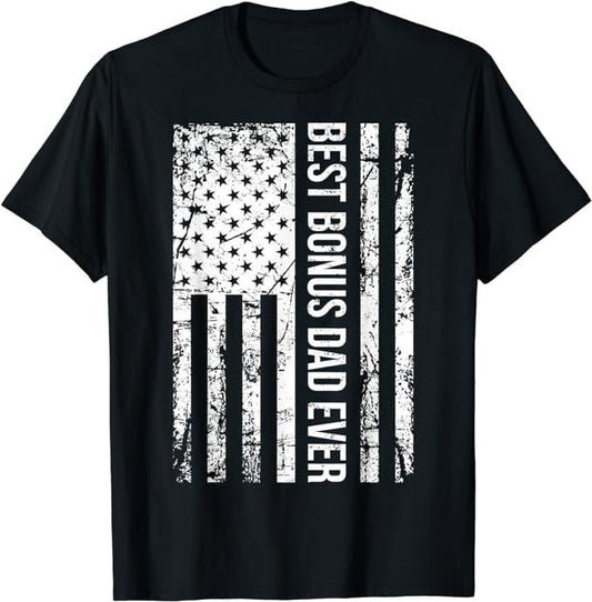 Father's Day T-Shirt, Gifts For Stepdad, Step Dad Best Bonus Dad Ever For Stepdad American Flag T-Shirt Menswear Casual Cotton