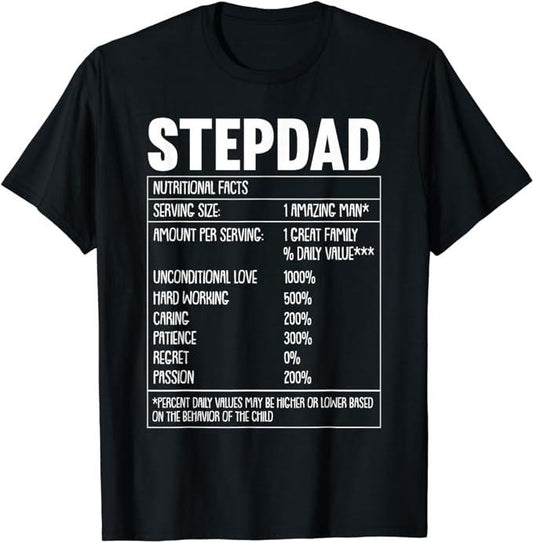 Father's Day T-Shirt, Gifts For Stepdad, Step-Dad Nutrition Facts Fathers Day Funny Bonus Papa Dada T-Shirt Menswear Casual Cotton Fashion Top