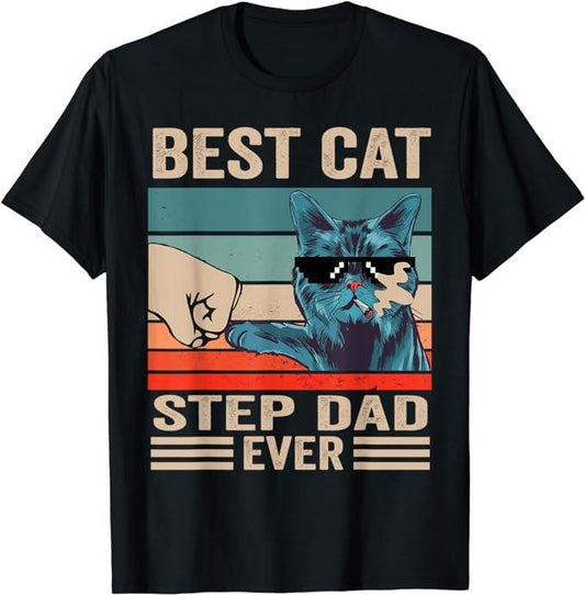 Father's Day T-Shirt, Gifts For Stepdad, Vintage Best Cat Step Dad Ever Bump Fist Father's Day Gifts T-Shirt Menswear Casual Basic