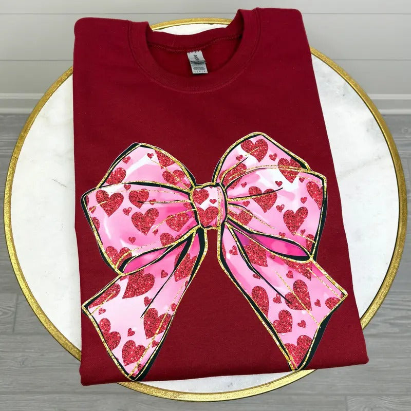 Faux Glitter Heart Bow Sweatshirt