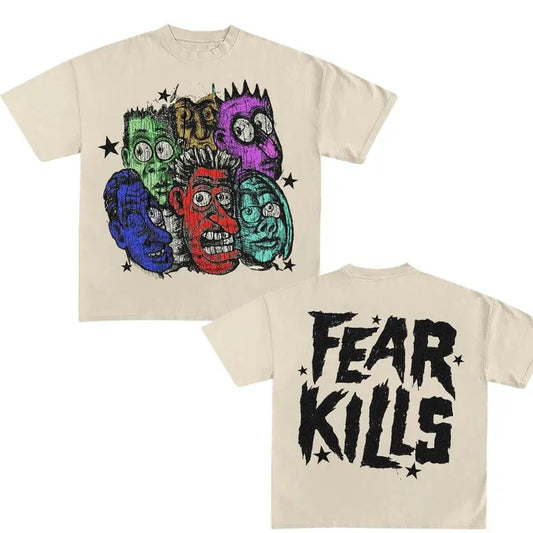 Fear Kills Print Short Sleeve T-Shirt - Double Sided Prints Vintage Bootleg T-Shirt, Trendy, Cotton Casual Crew Neck Black Menswear Tshirt Crewneck, T-Shirt For Unisex , Gift For Men Top Underwear