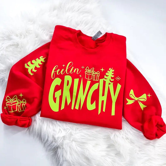 Feelin' Grinchy Retro Christmas Sweatshirt or Hoodie with sleeve prints Comfy Unisex Tops
