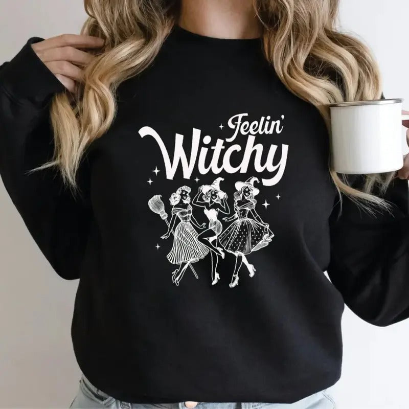 Feelin' Witchy Girly Sweatshirt, Halloween Sweatshirt, Funny Witch Cute Halloween Shirt, Trendy Girly Halloween Gift, Unisex Long Sleeve Crewneck Shirt