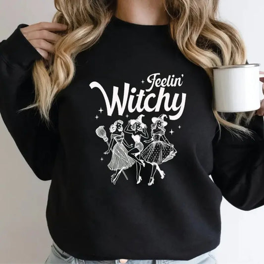 Feelin' Witchy Girly Sweatshirt, Halloween Sweatshirt, Funny Witch Cute Halloween Shirt, Trendy Girly Halloween Gift, Unisex Long Sleeve Crewneck Shirt