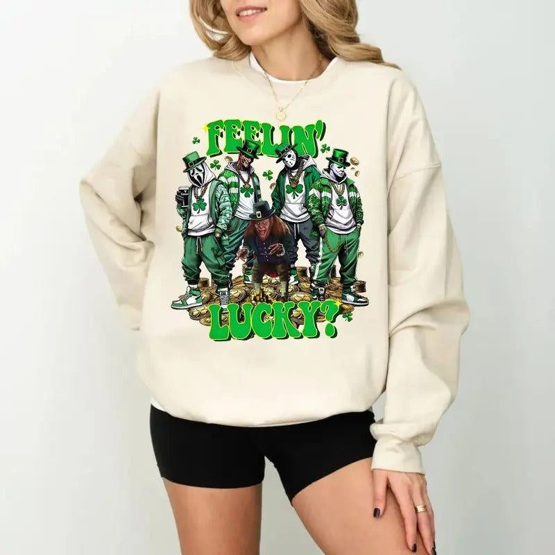 Feelin Lucky? St. Patrick’S Day Horror Feeling Lucky Tshirt Sweatshirt Hoodie, Gangsterr Leprechaun Patric Day, Lucky Clover, Unisex Sweater Pullover Tee