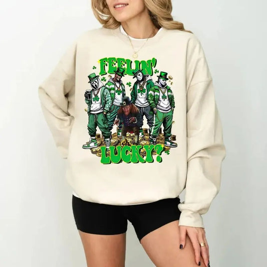 Feelin Lucky? St. Patrick’S Day Horror Feeling Lucky Tshirt Sweatshirt Hoodie, Gangsterr Leprechaun Patric Day, Lucky Clover, Unisex Sweater Pullover Tee