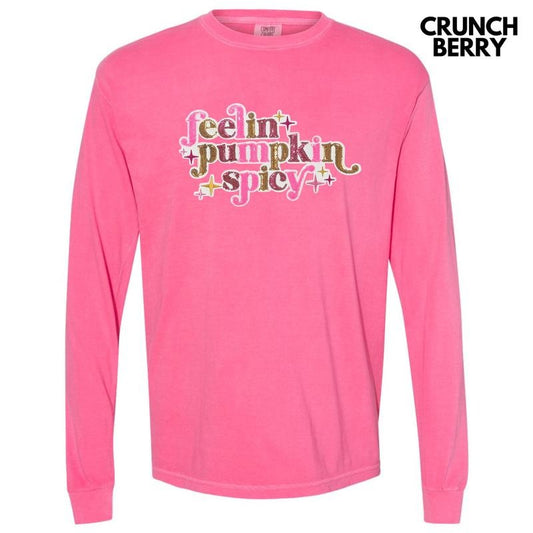 Feelin Pumpkin Spicy Sequin Patch Long Sleeve Comfort Colors T-Shirt