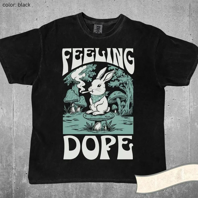 Feeling Dope Bunny Vintage Shirt 420 Weed Shirt Rabbit Getting High Shirt Funny Weed Easter Bunny Mushroom Shirt Gift Stoner Animals Stoned Casual Classic