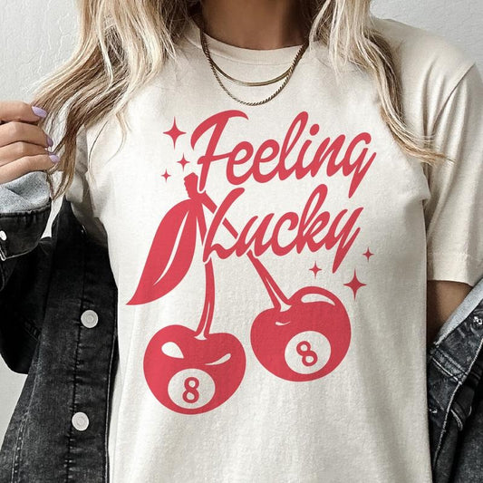 Feeling Lucky Cherry Tees Lucky Eight Tshirts Cherry Feeling Lucky T-Shirts Funny Feeling Lucky Tees Red Lucky Eights Tops Retro Cherry Tees