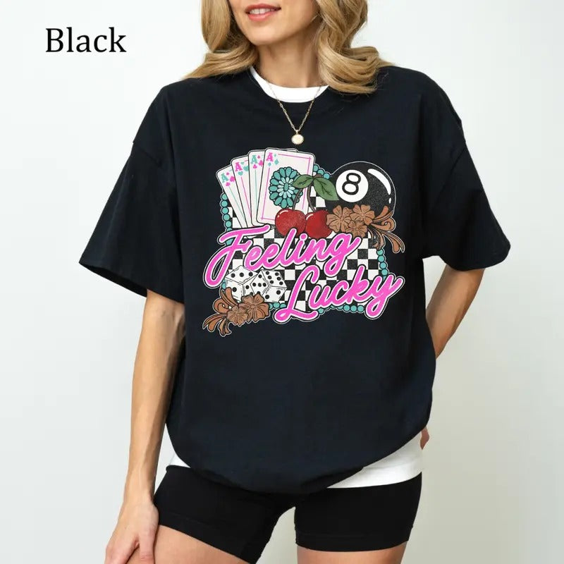Feeling Lucky Western Graphic T-Shirt, Retro Checkered Rodeo Shirt, Ultra Soft Cotton Tee, Everyday Casual Wear shirts  women