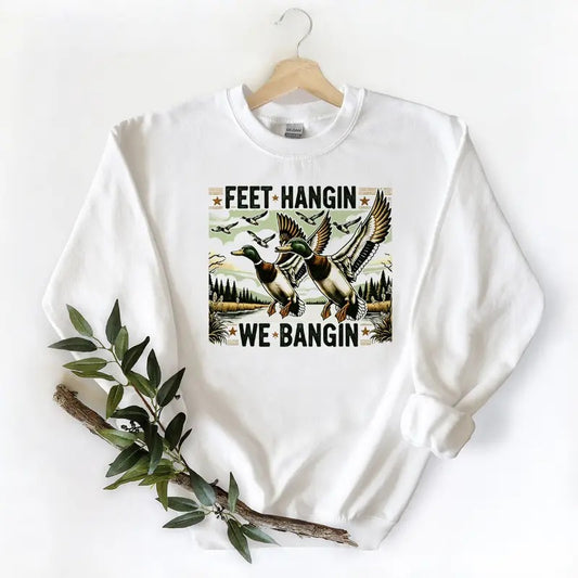 Feet Hangin We Bangin Vintage Mallard Duck Unisex Tshirt Sweatshirt Hoodie, for duck hunters, husbands Cotton Womenswear