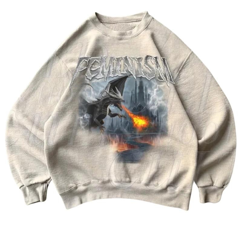 Feminism Dragon 90s Style Sweatshirt, Retro Dragon Castle Sweater, Dragon Lover Sweater, Y2k Fantasy 2000s Hoodies, Unisex Top