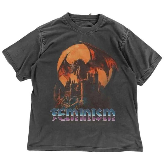 Feminism Dragon Graphic T-Shirt - Gothic Fantasy Dragon Castle Tee - Feminist Dark Fantasy Tee - Vintage Feminism Graphic Tee Shortsleeve Menswear