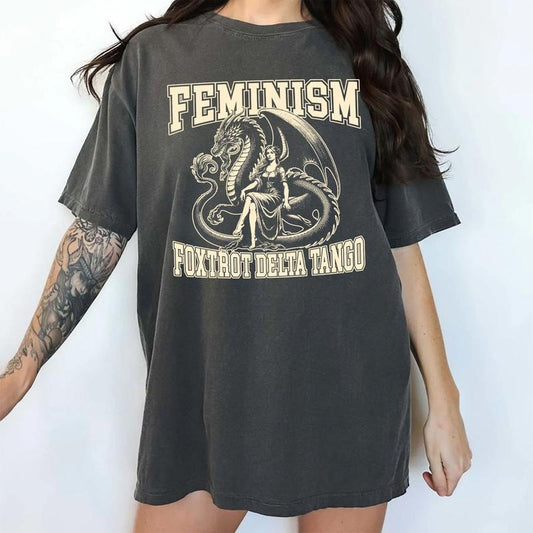 Feminism Foxtrot Delta Tango Comfort Colors Shirt, Feminism Dragon T-shirt, Vintage Feminist Graphic Tee, Womenswear Tops Casual Style