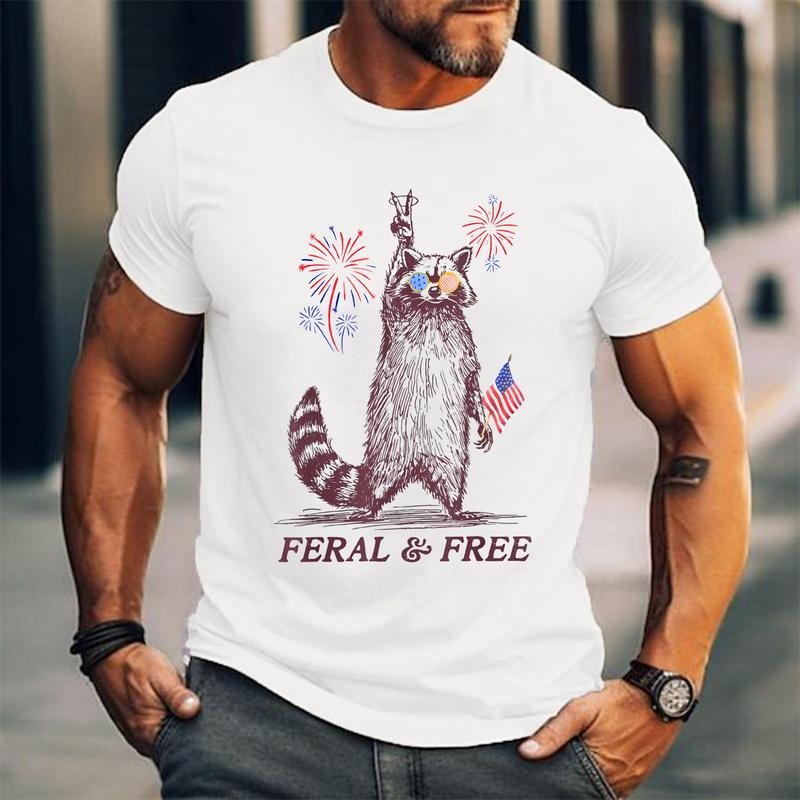 Feral & Free Funny Patriotic Racoon Feral And Free 4th July Unisex T-Shirt, Cotton 100%, Top Trending Fashion