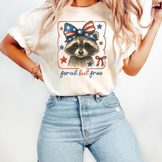 Feral But Free Raccoon Shirt, Funny 4th of July Tee, Patriotic Raccoon Shirt, Independence Day Outfit, Cute Freedom Shirt, USA Raccoon Tee