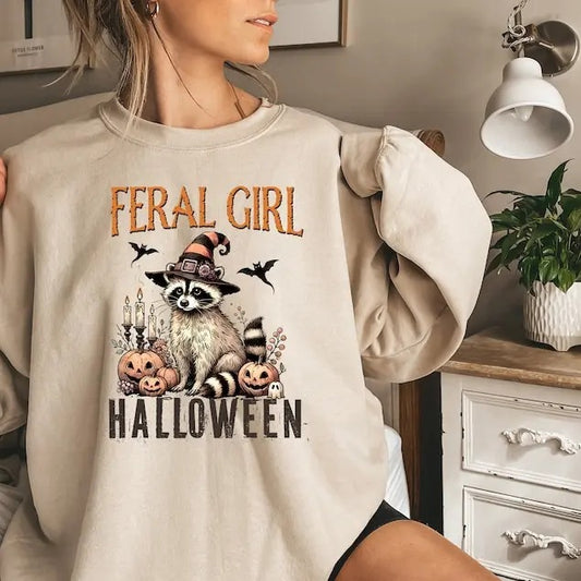 Feral Girl Halloween sweatshirt, Funny Raccoon Shirt, pumpkin shirt, Halloween sweatshirt, Funny Halloween Shirt, Halloween Girl Shirt,