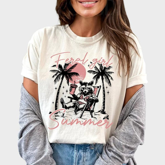 Feral Girl Summer Shirt Vintage, Funny Beach Raccoon Shirt, Retro Raccoon Meme Tee, Summer Vacation Shirt For Girls, Trash Panda Shirt, Summer Vibes Graphic Tee, Unhinged Casual Women's Tops, Comfy Cotton Fabric Oversized Tee, Relaxed Fit Chic Style